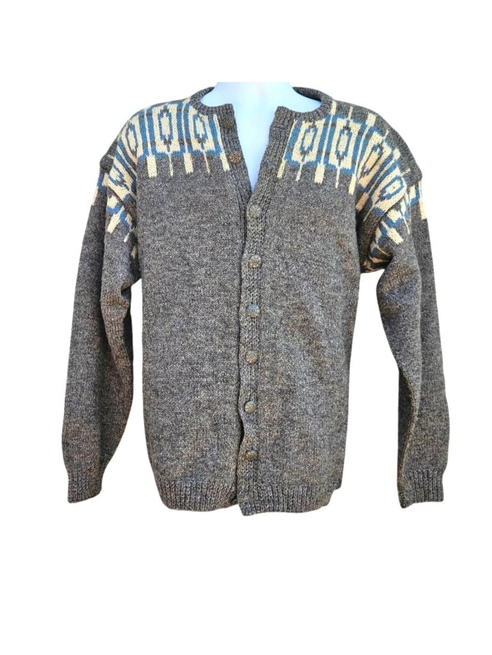 Vintage Hand Knit Nordic Wool Cardigan Gray Geometric Unisex XL - Picture 7 of 15